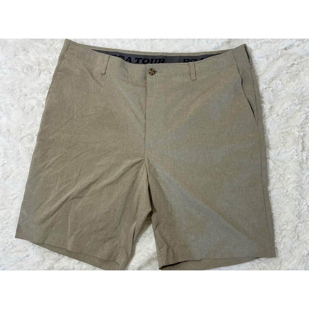 PGA Tour Mens Golf Shorts Tan Heather Stretch Performance Size 40 Flat Front